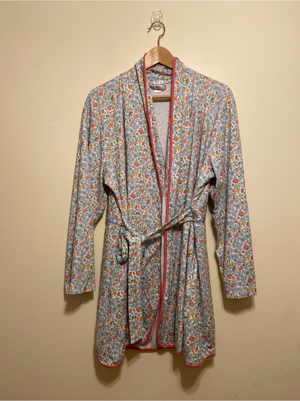 LAKE Prima Cotton Floral Cotton Robe with Pink Trim. Size L